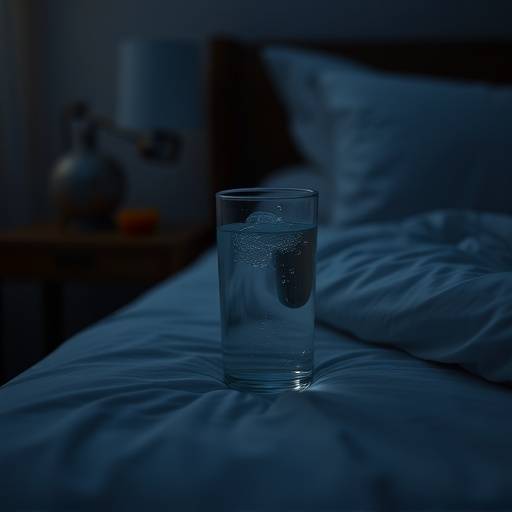 A glass of water beside a bed, symbolizing hydration before sleep
