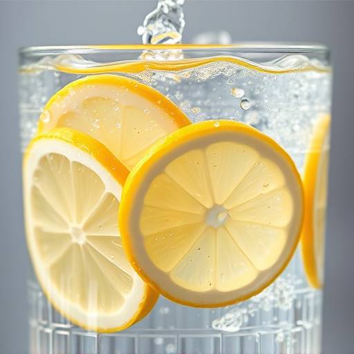 A glass of water with fresh lemon slices, symbolizing hydration.