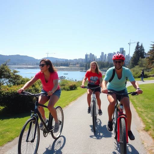 Group of friends cycling through Stanley Park, enjoying an active lifestyle.