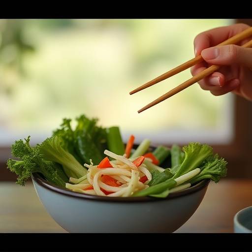 Person mindfully eating a bowl of colorful vegetables with chopsticks