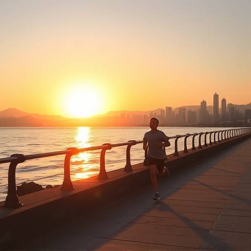 Person running along the seawall in Vancouver during sunrise.